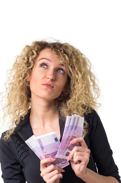 Business nainen laskee rahaa ja haaveilee — kuvapankkivalokuva