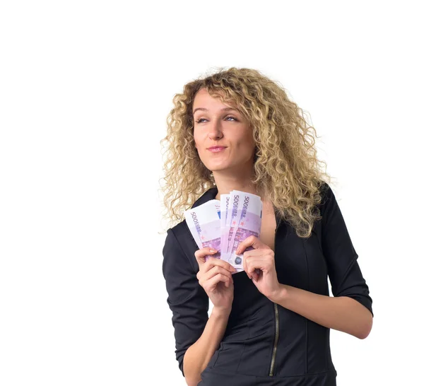 Business nainen laskee rahaa ja ajattelua — kuvapankkivalokuva
