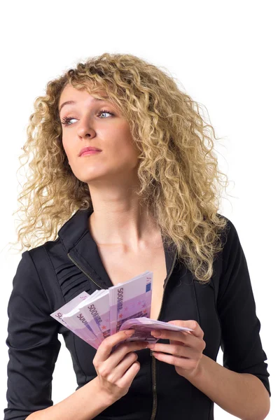 Business woman counts money sad — Stock Photo, Image