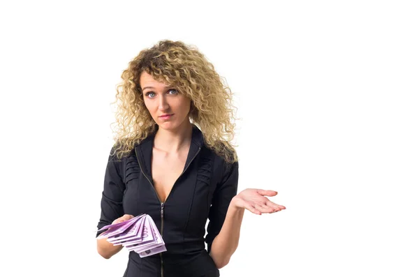 Business woman with money asks — Stock Photo, Image