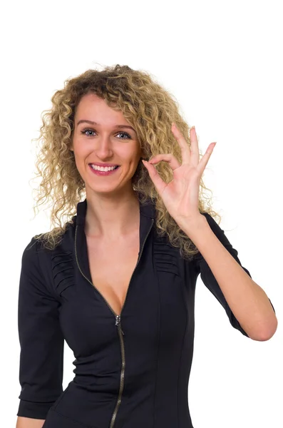 Business woman shows a sign — Stock Photo, Image