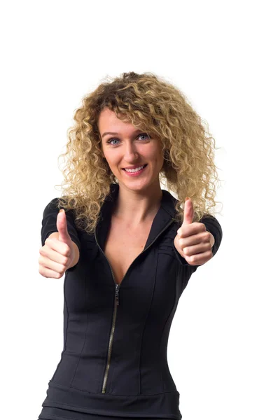 Business woman shows a sign — Stock Photo, Image