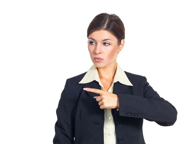 Business woman shows the direction of the left. — Stock Photo, Image