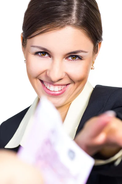 Mulher de negócios recebe dinheiro — Fotografia de Stock