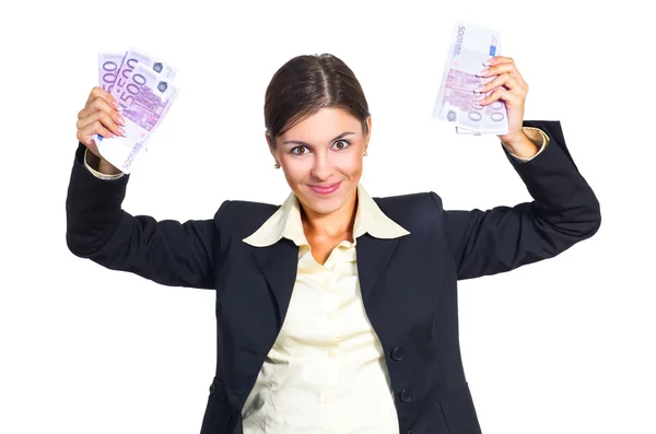 Mujer de negocios y pila de billetes . — Foto de Stock