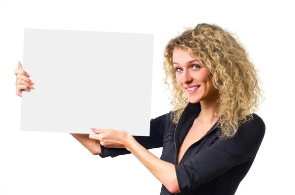 Bizneswoman z pustym plakatem — Zdjęcie stockowe
