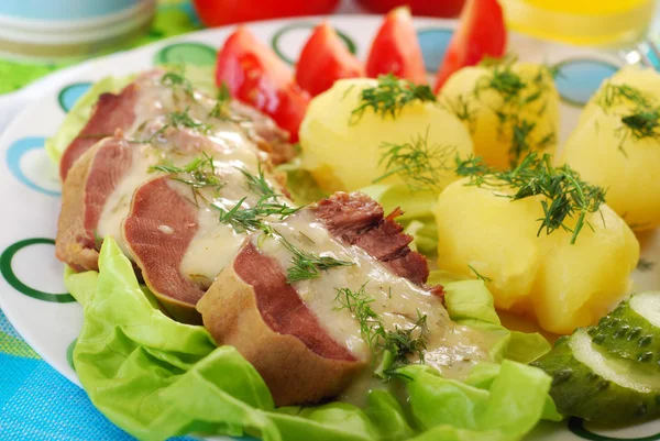 Pork tongue in horse radish and dill sauce — Stock Photo, Image
