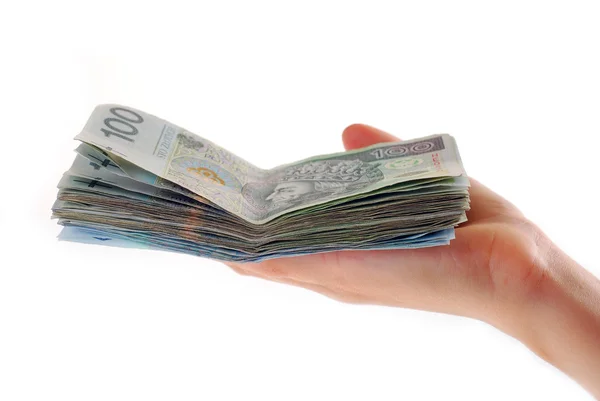 Hand som håller stack av polska sedlar — Stockfoto