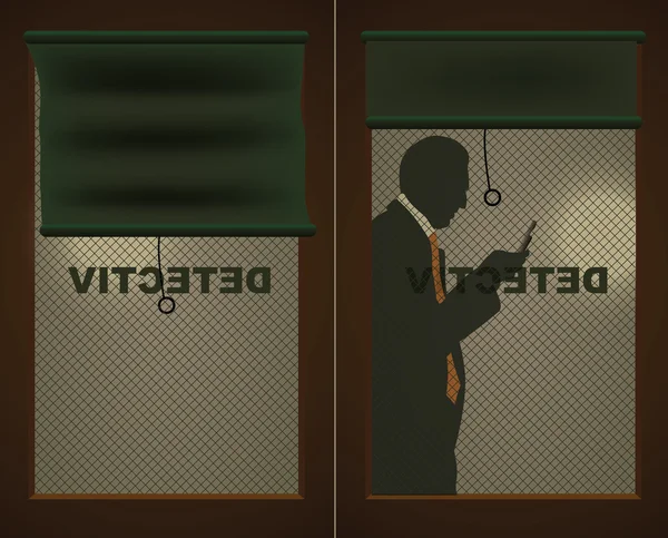 Detectives door and a silhouette of a man with a cell phone — Stock Vector