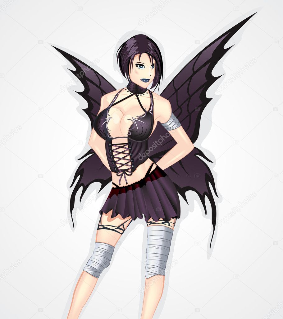 Isolated warrior girl with wings, anime style