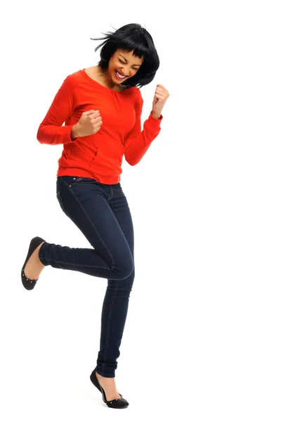 Excited woman jumps in joy — Stock Photo, Image