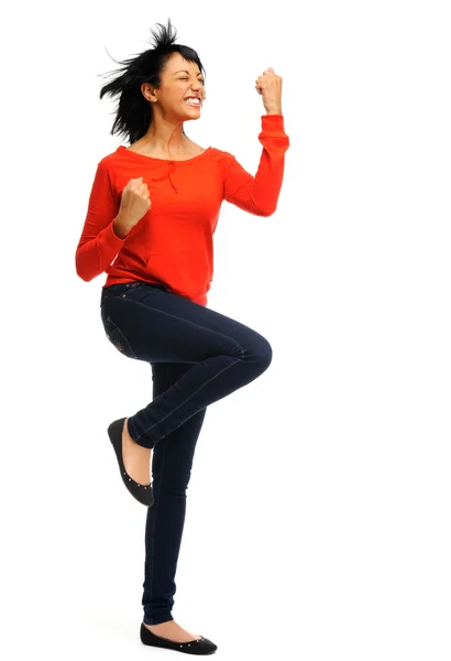 興奮した女性は喜びでジャンプします。 — ストック写真