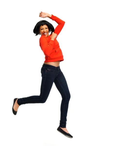 Podekscytowana kobieta skacze z radości — Zdjęcie stockowe