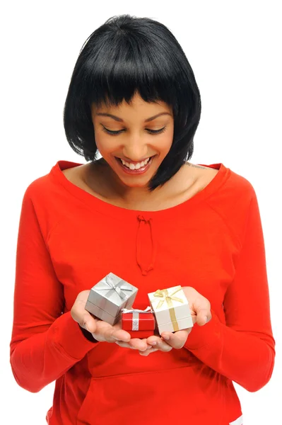 Pretty girl holds her presents — Stock Photo, Image
