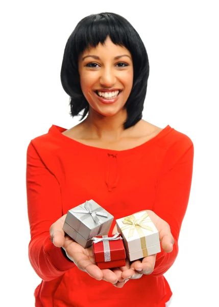Pretty girl holding gift boxes — Stock Photo, Image