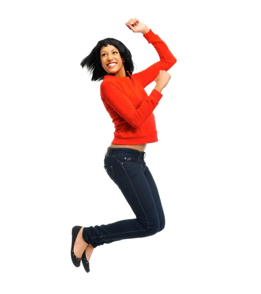 Excited woman jumps in joy Stock Image