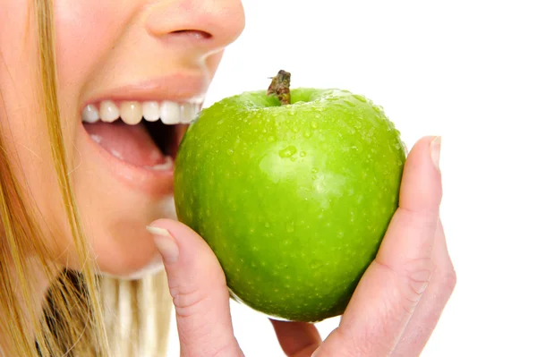 Jabłko jedzenie kobieta — Zdjęcie stockowe