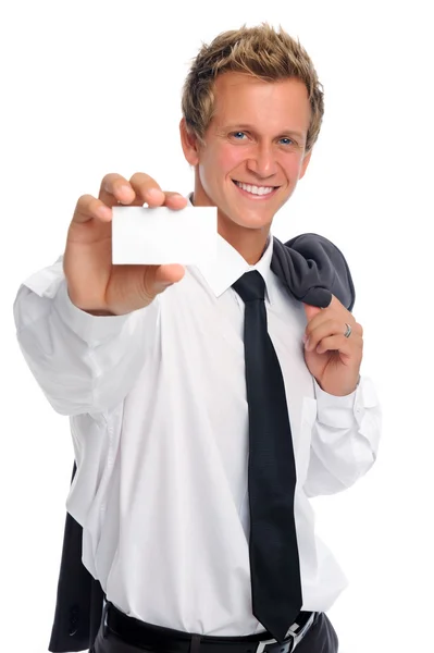 Empresário bem sucedido segurando cartão vazio — Fotografia de Stock