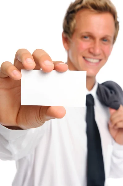 Успішний бізнесмен тримає порожню картку — стокове фото