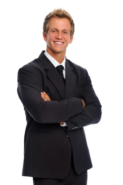 Человек в деловом костюме настроен позитивно — стоковое фото
