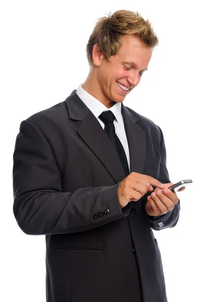Affärsman håller telefon — Stockfoto