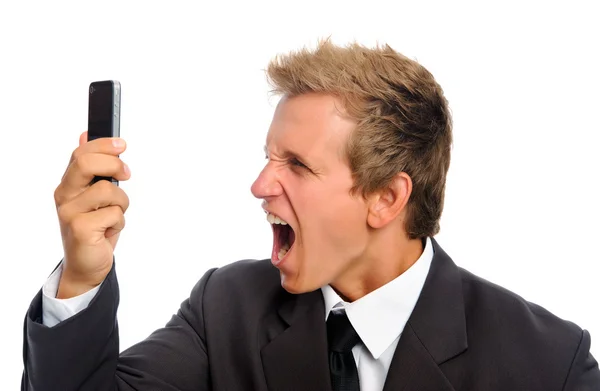 Бизнесмен держит телефон — стоковое фото