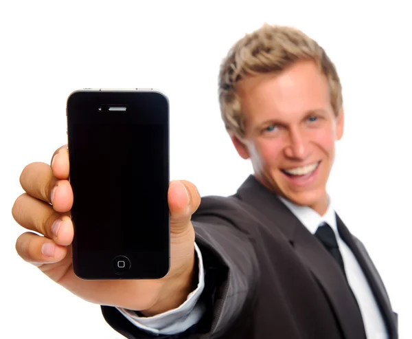 Podnikatel drží telefon — Stock fotografie