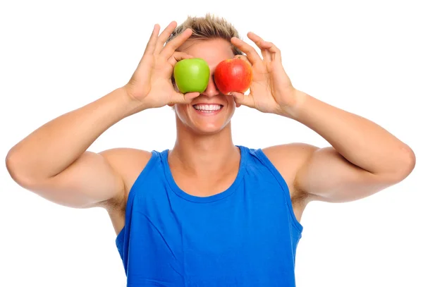 Desportista feliz com duas maçãs — Fotografia de Stock