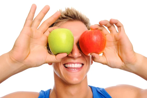 Desportista feliz com duas maçãs — Fotografia de Stock