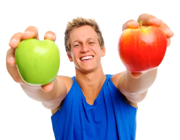 Happy sportsman with two apples — Stock Photo, Image