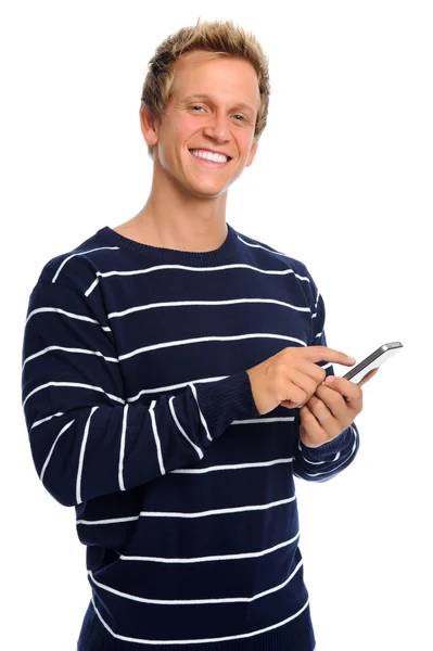 Homem feliz mensagens de texto no celular — Fotografia de Stock