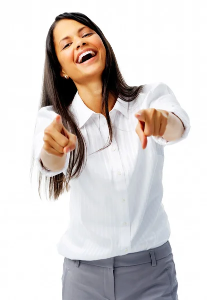 Mujer feliz señalando — Foto de Stock