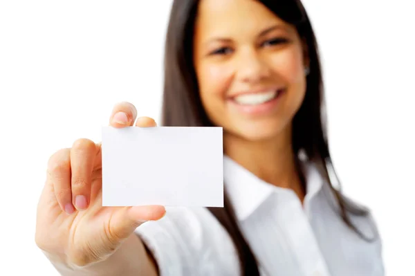 Pretty woman holds card — Stock Photo, Image