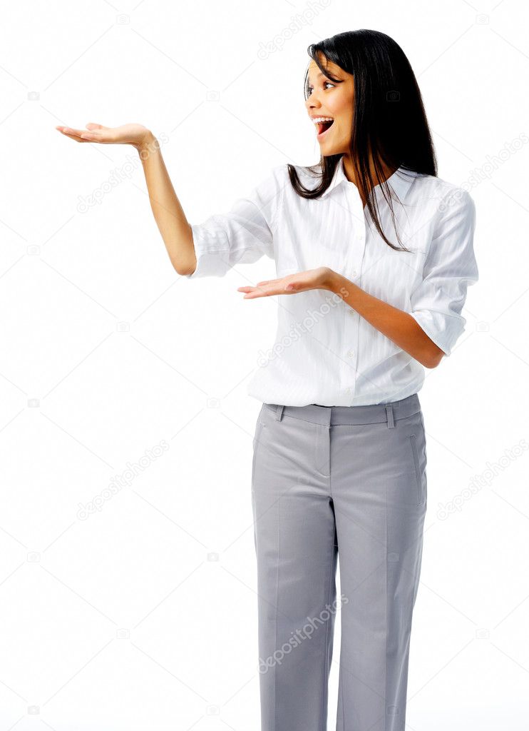 Excited woman showing product