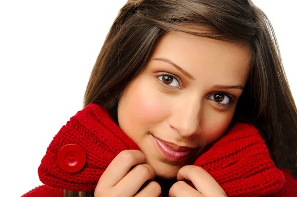 Teplé model s červený pletený top — Stock fotografie
