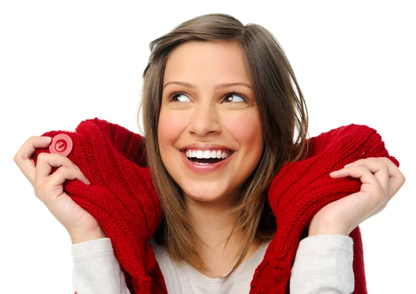 Zimní dívka se směje v studio — Stock fotografie