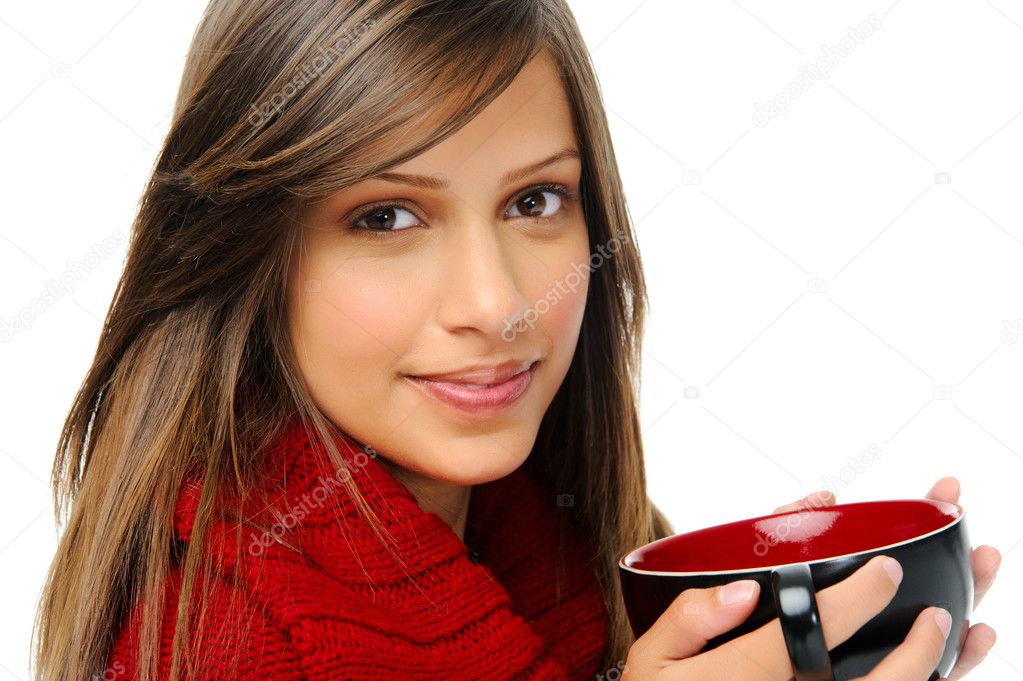 Happy winter woman with soup