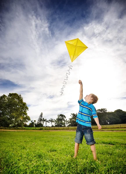Iddialı çocuk uçan uçurtma — Stok fotoğraf