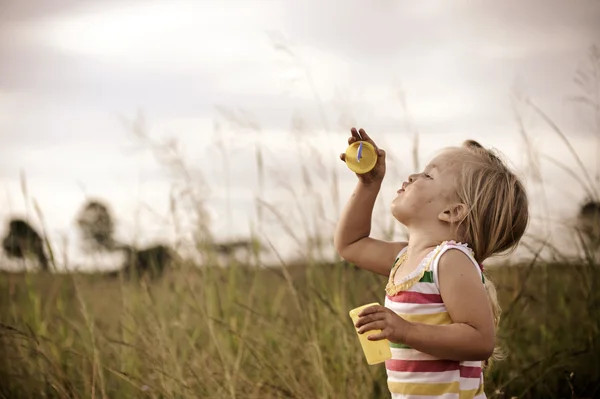 Sorglösa flicka som leker i fältet blåser bubblor — Stockfoto