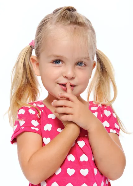 Quiet girl with finger on lips — Stock Photo, Image