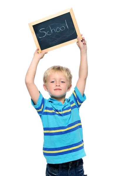 Хлопчик тримає крейдяну дошку — стокове фото