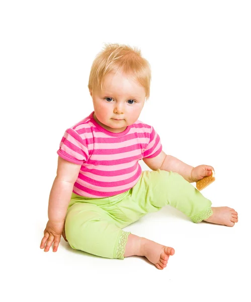 Kojenecká baby, naučit se jíst sušenky — Stock fotografie