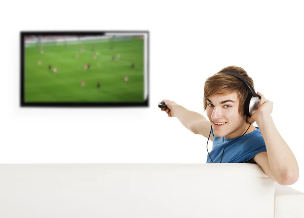 Voetbal kijken op tv — Stockfoto