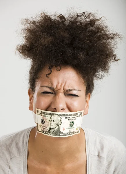Krycí ústa s bankovka dolar — Stock fotografie