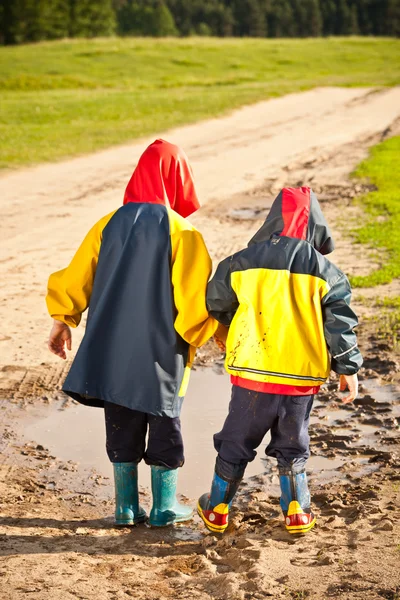 stock image Brothers walking in puddles