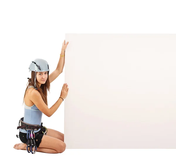 Mulher em equipamento de escalada — Fotografia de Stock