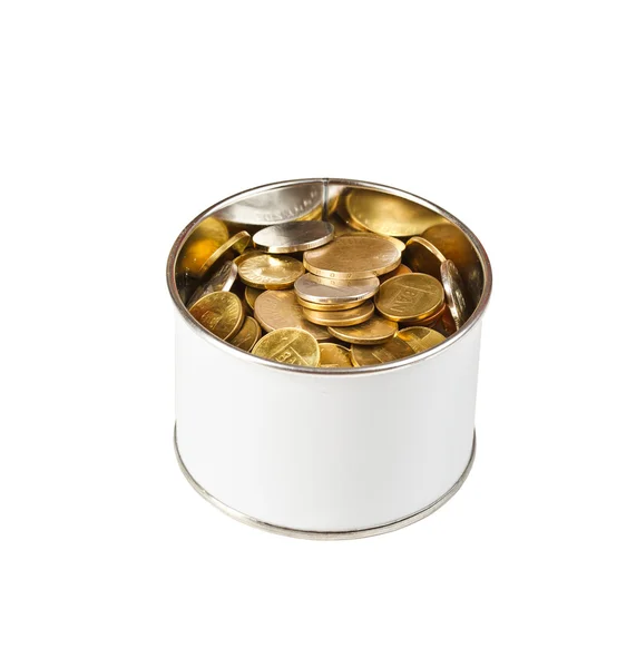 Mynt i en plåtburk — Stockfoto