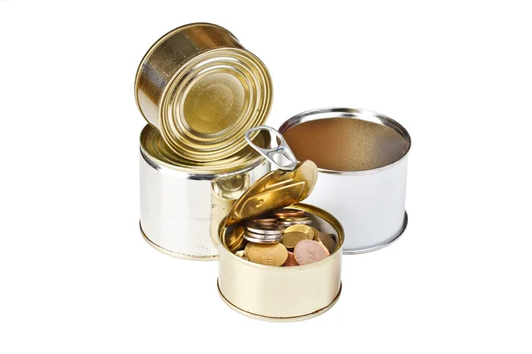 Coins in open tin can — Stock Photo, Image