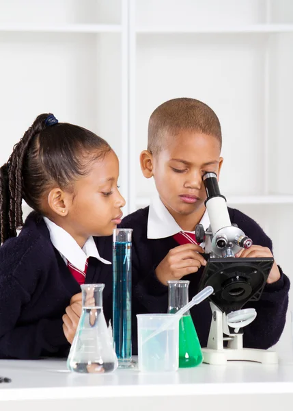 Crianças do ensino fundamental na aula de ciências — Fotografia de Stock