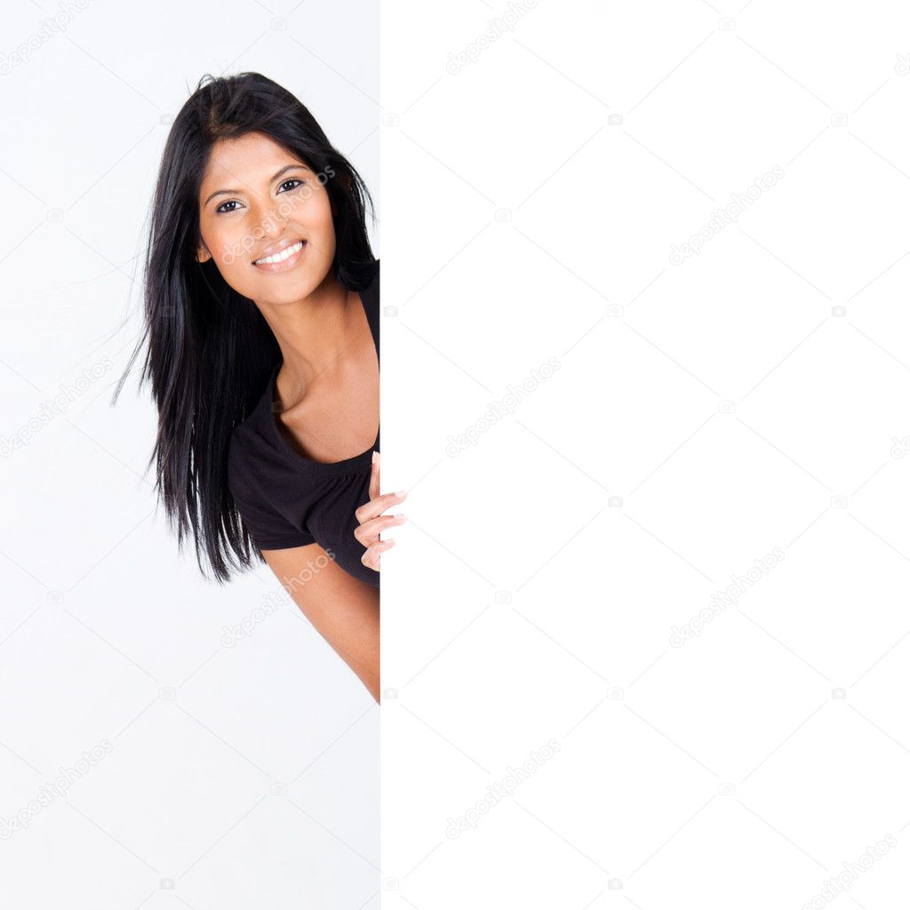 Attractive woman behind blank white board